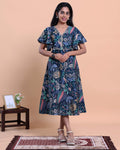 Elegant Floral Printed Kurta with Ruffled Sleeves and Flared Hemline - Navy Blue