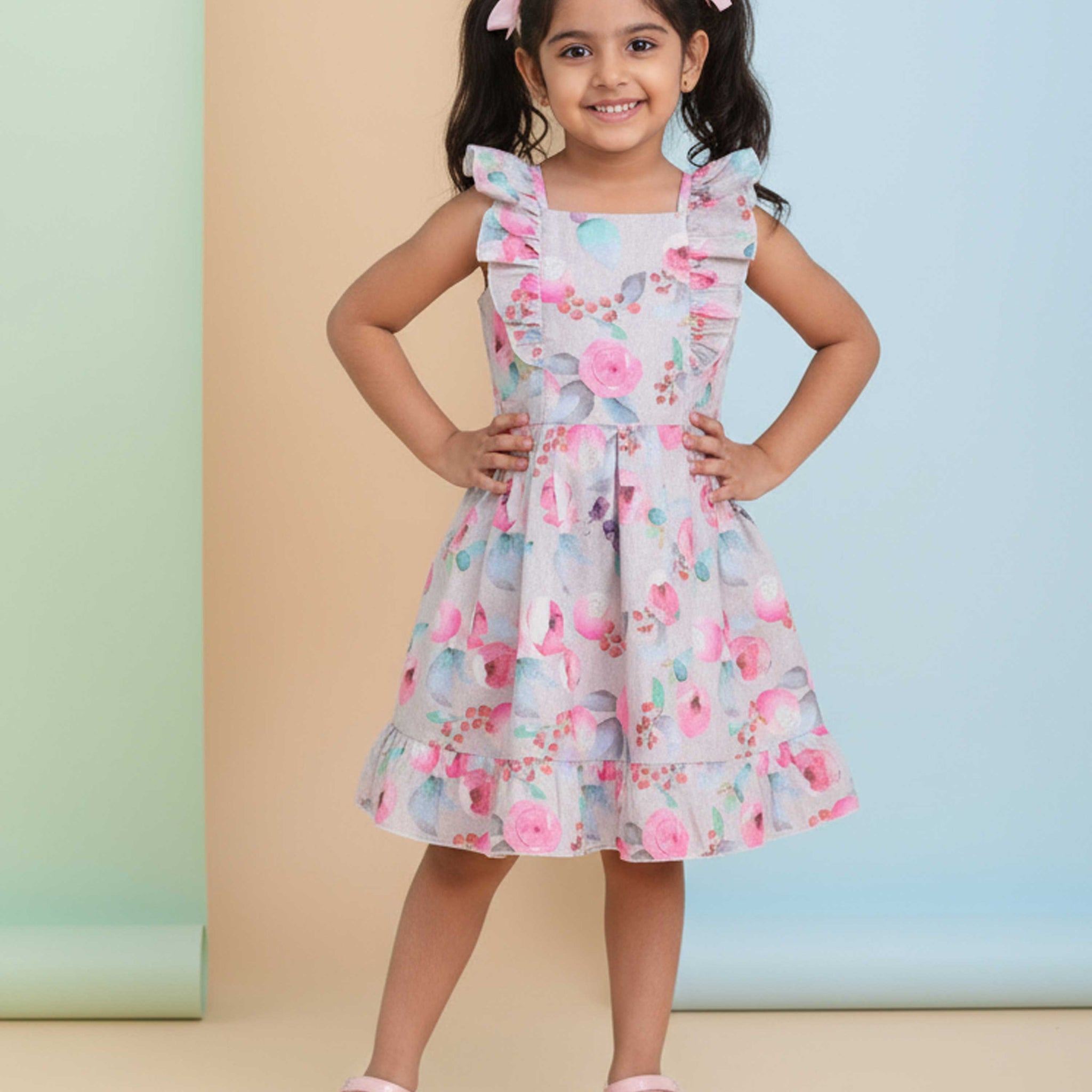Elegant Floral Printed Party Wear Kids Frock with Flared Hemline and Bow Detail - Multi