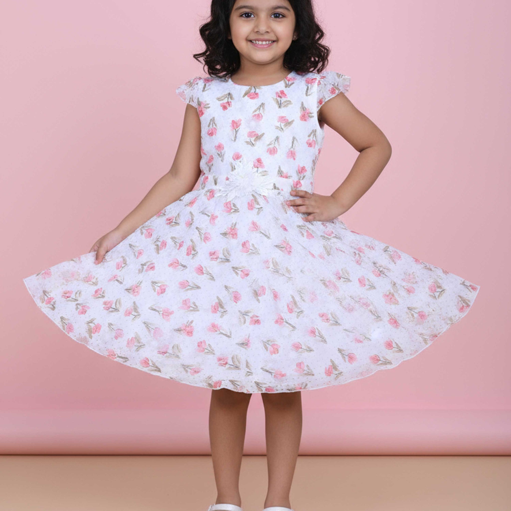 Elegant Floral Printed Party Wear Kids Frock with Flared Hemline and Bow Detail - White