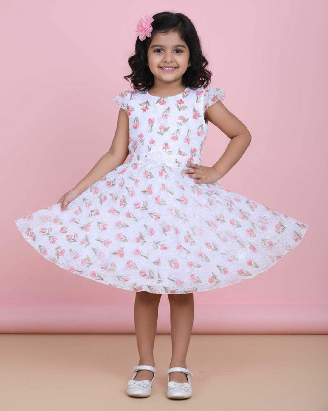 Elegant Floral Printed Party Wear Kids Frock with Flared Hemline and Bow Detail - White