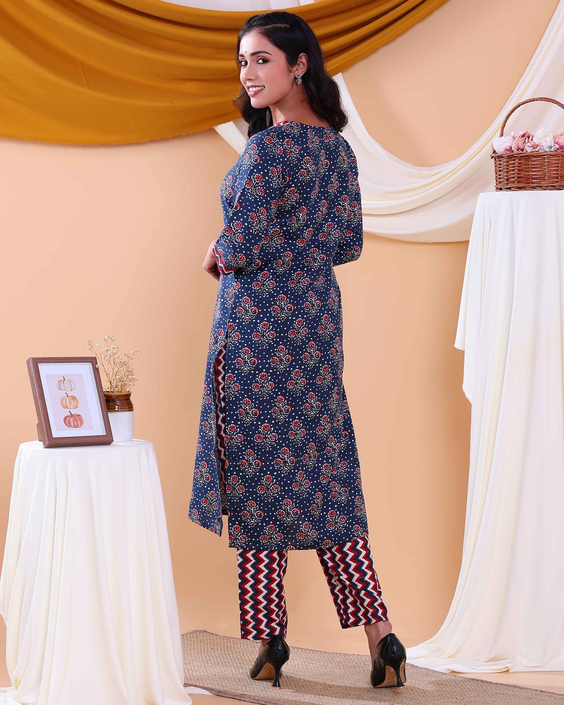 Elegant Floral Printed Women's Readymade Salwar Set with Designer Detailing - Navy Blue