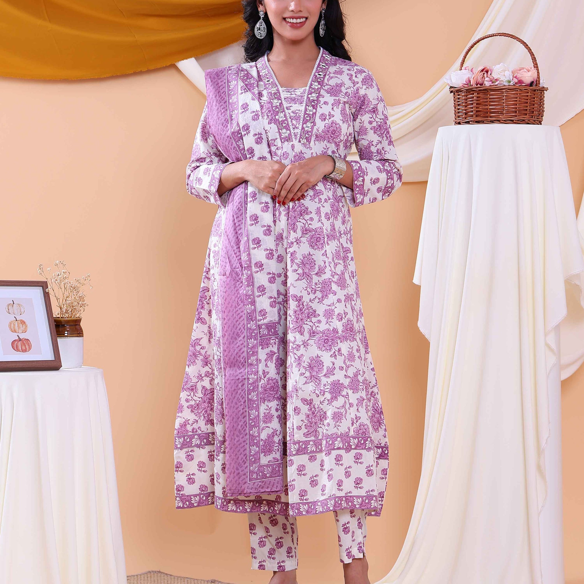 Elegant Floral Printed Women's Readymade Salwar Set with Designer Detailing - Cream