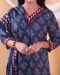 Elegant Floral Printed Women's Readymade Salwar Set with Designer Detailing - Navy Blue-Close