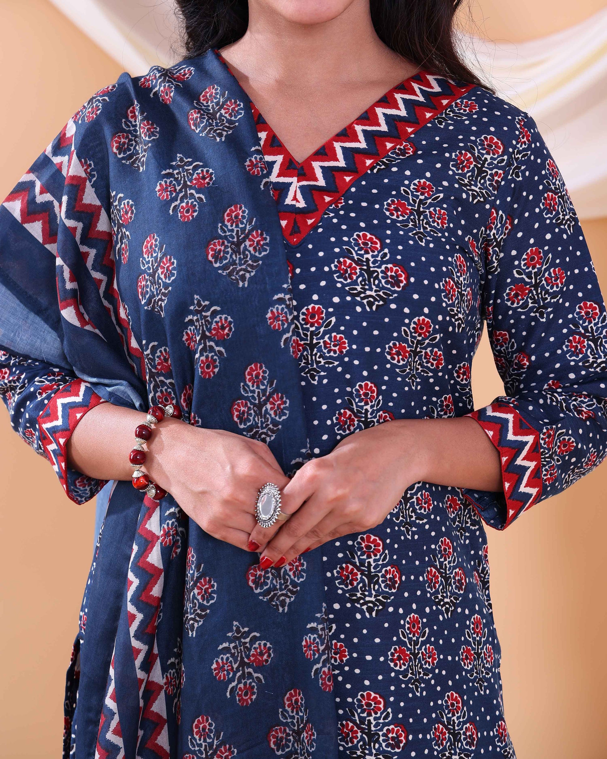 Elegant Floral Printed Women's Readymade Salwar Set with Designer Detailing - Navy Blue-Close
