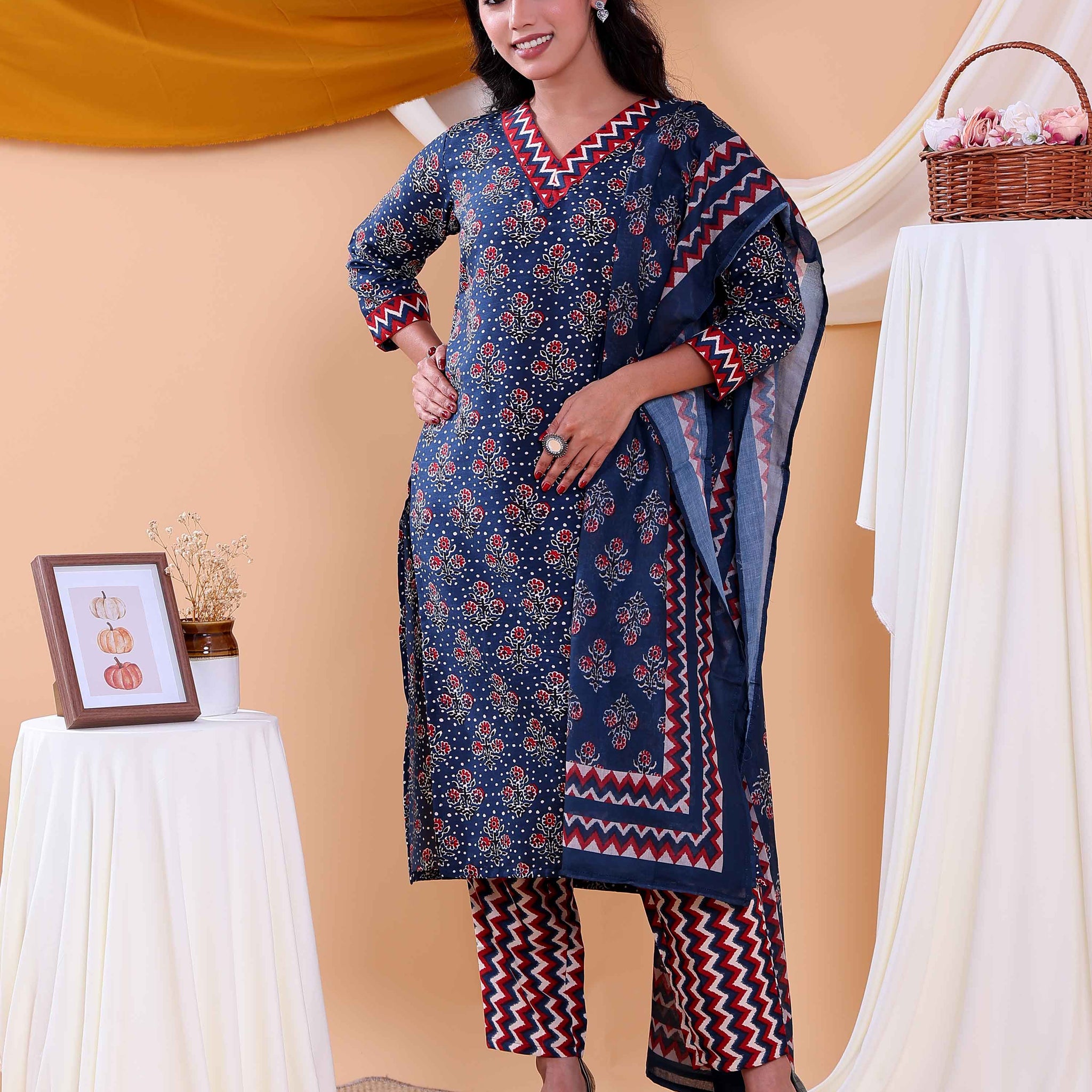 Elegant Floral Printed Women's Readymade Salwar Set with Designer Detailing - Navy Blue