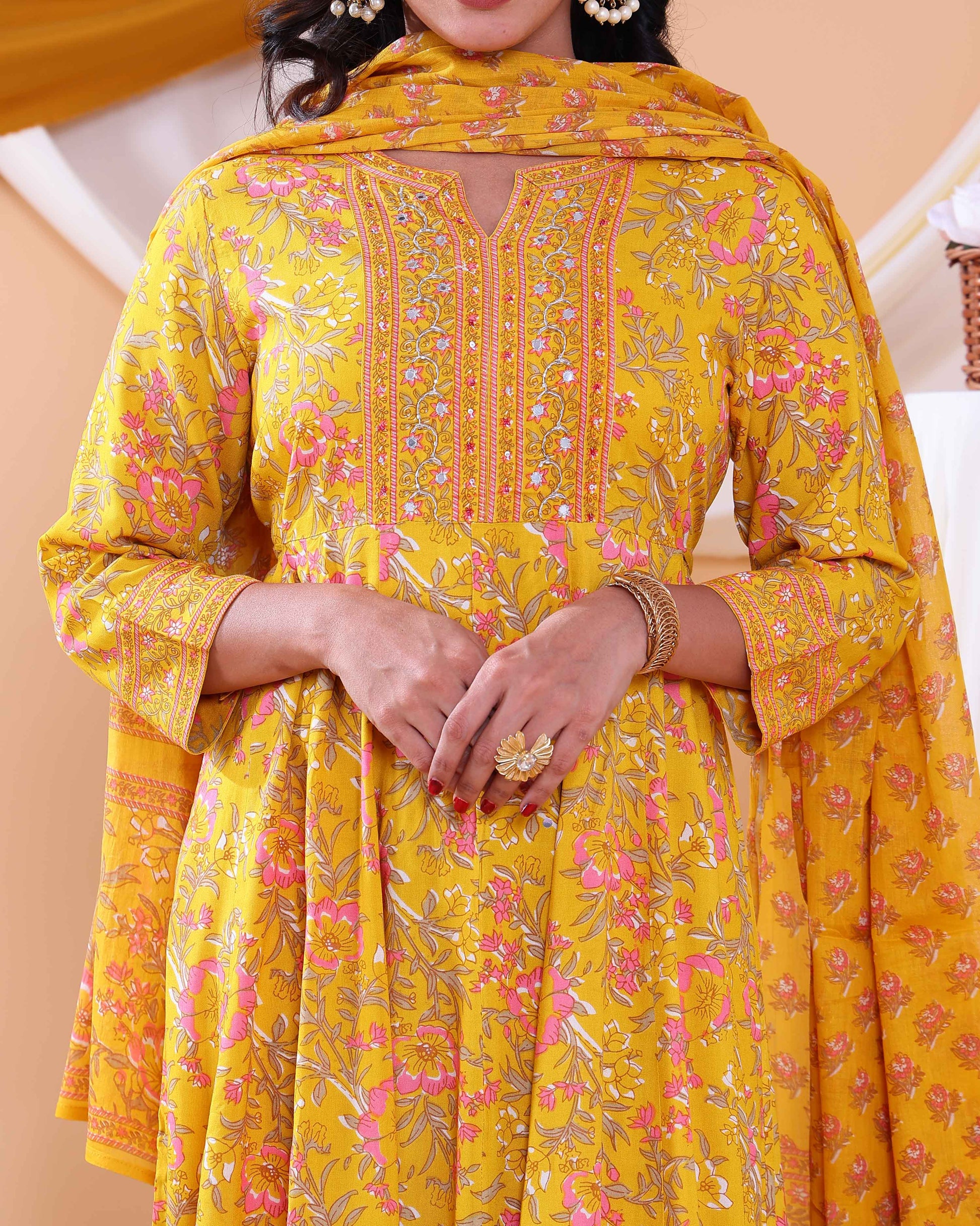 Elegant Floral Printed Women's Readymade Salwar Set with Designer Detailing - Yellow-Close