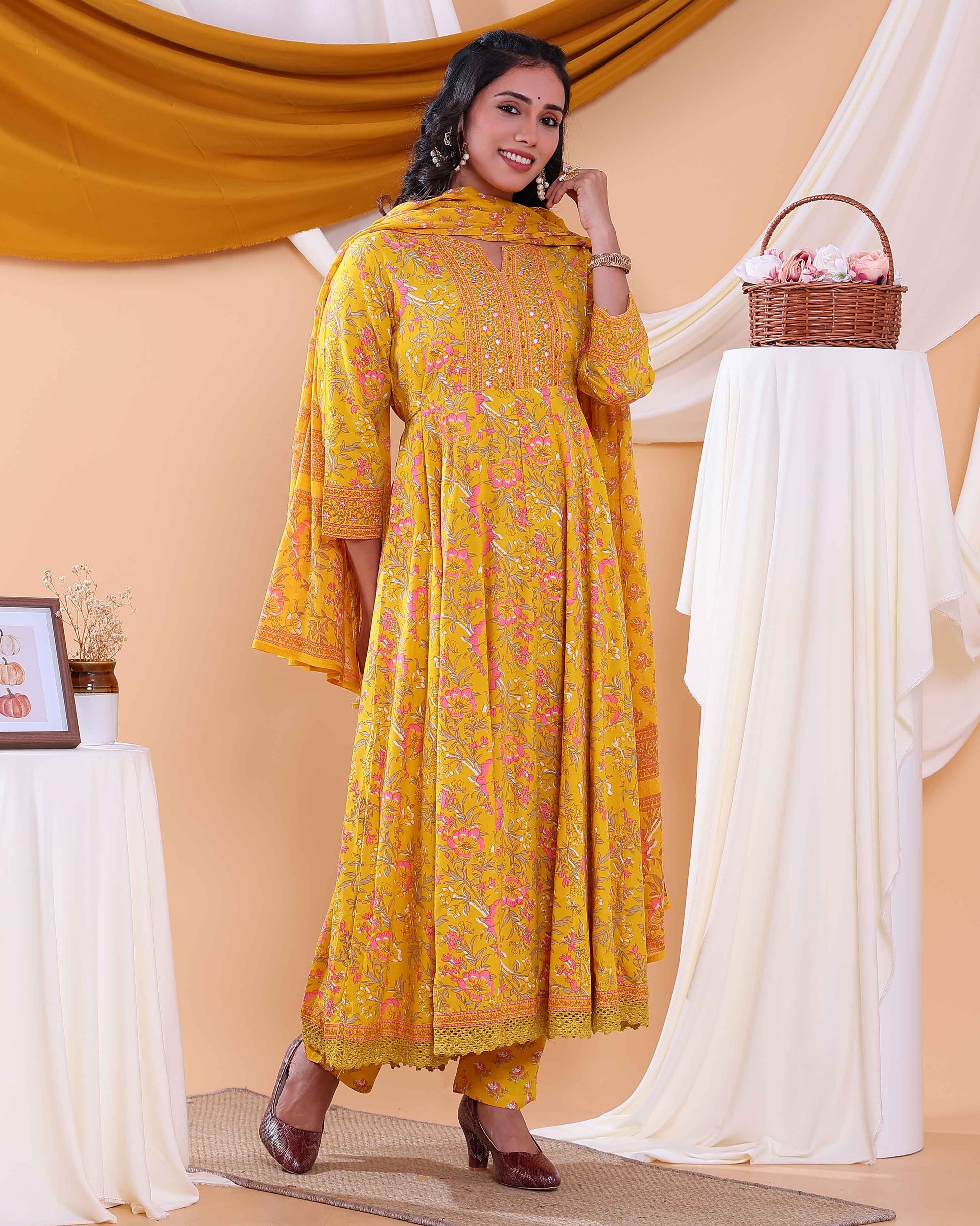 Elegant Floral Printed Women's Readymade Salwar Set with Designer Detailing - Yellow
