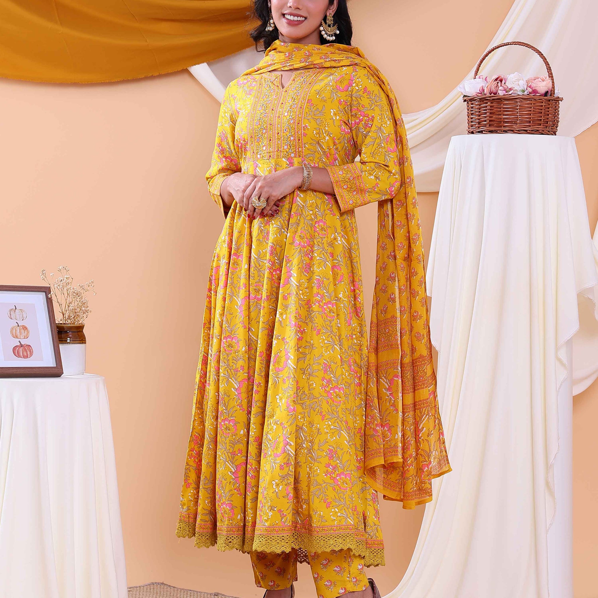 Elegant Floral Printed Women's Readymade Salwar Set with Designer Detailing - Yellow