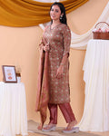 Elegant Floral Printed Women’s Salwar Set with Straight Kurta, Matching Bottom, and Dupatta- Brown-Back