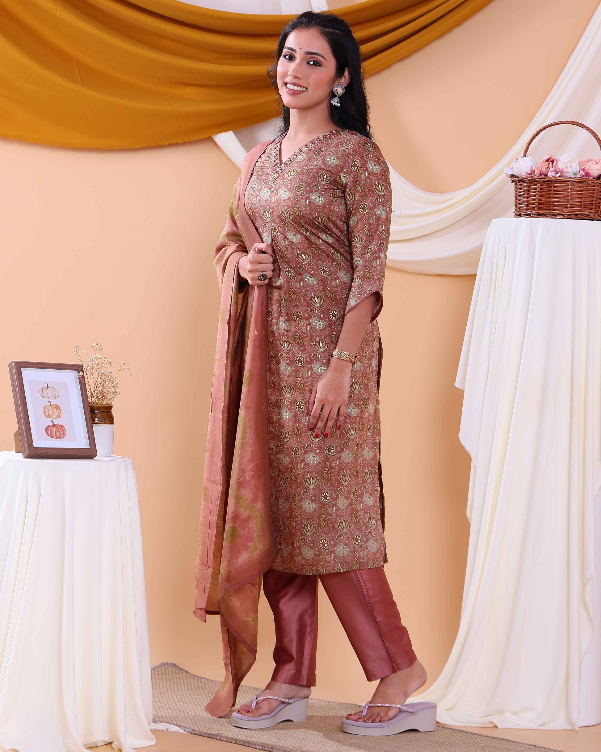 Elegant Floral Printed Women’s Salwar Set with Straight Kurta, Matching Bottom, and Dupatta- Brown-Back