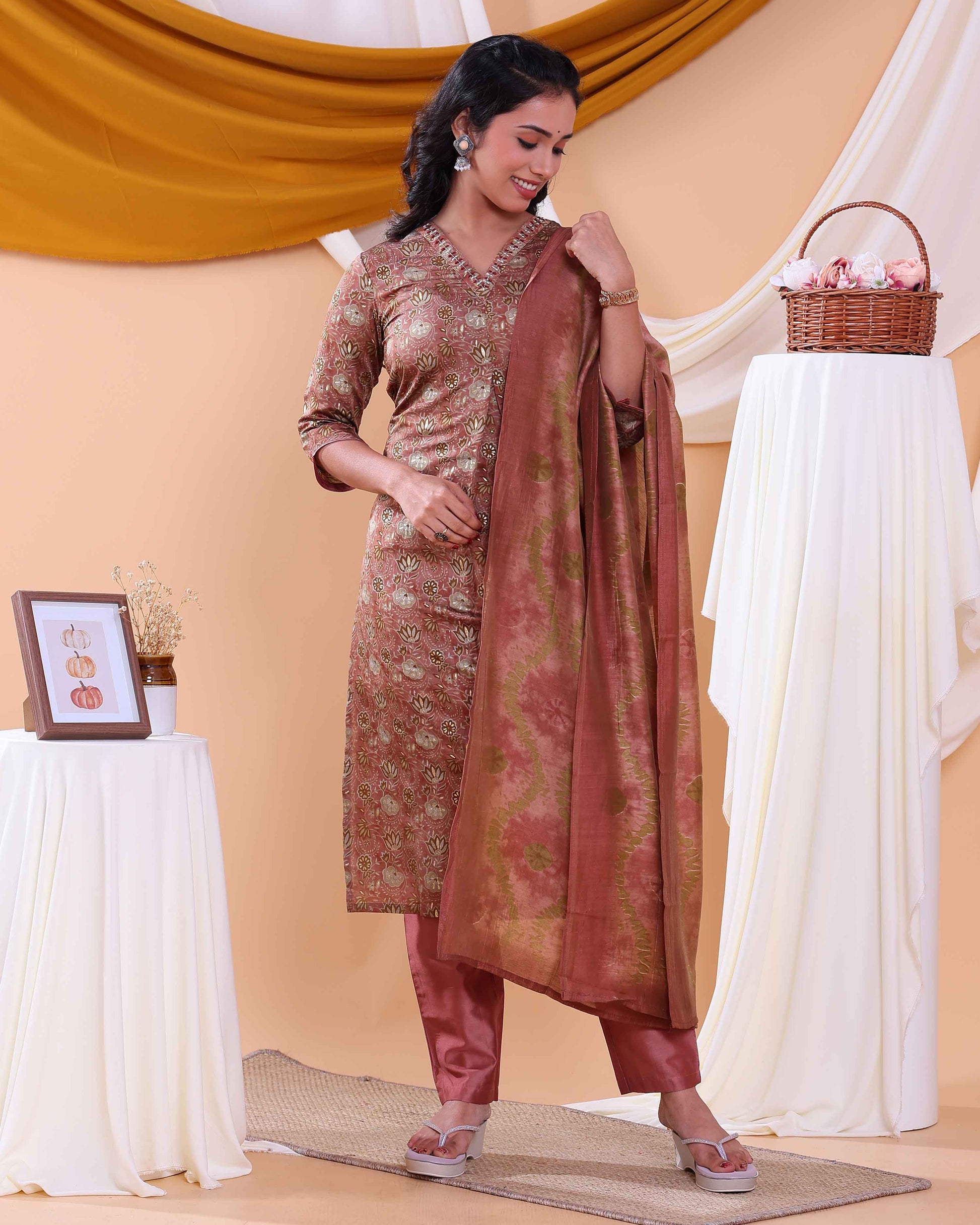 Elegant Floral Printed Women’s Salwar Set with Straight Kurta, Matching Bottom, and Dupatta- Brown-Back