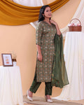 Elegant Floral Printed Women’s Salwar Set with Straight Kurta, Matching Bottom, and Dupatta- Green