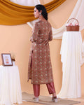 Elegant Floral Printed Women’s Salwar Set with Straight Kurta, Matching Bottom, and Dupatta- Brown-Back