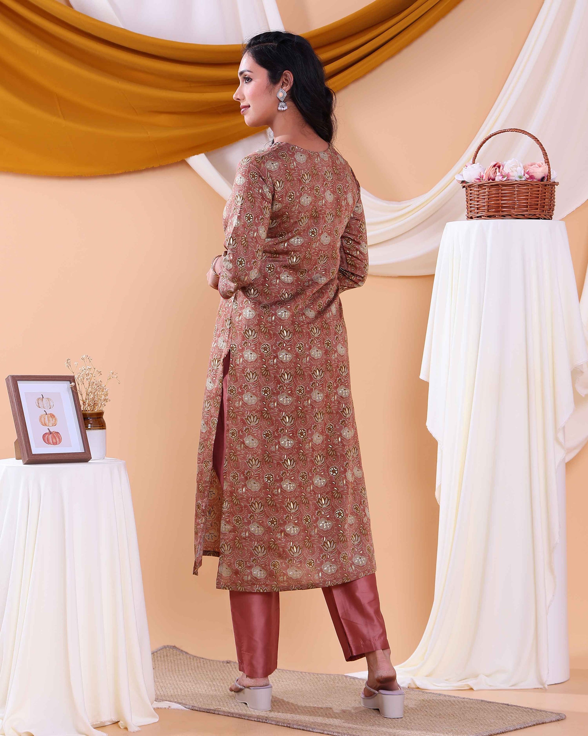 Elegant Floral Printed Women’s Salwar Set with Straight Kurta, Matching Bottom, and Dupatta- Brown-Back