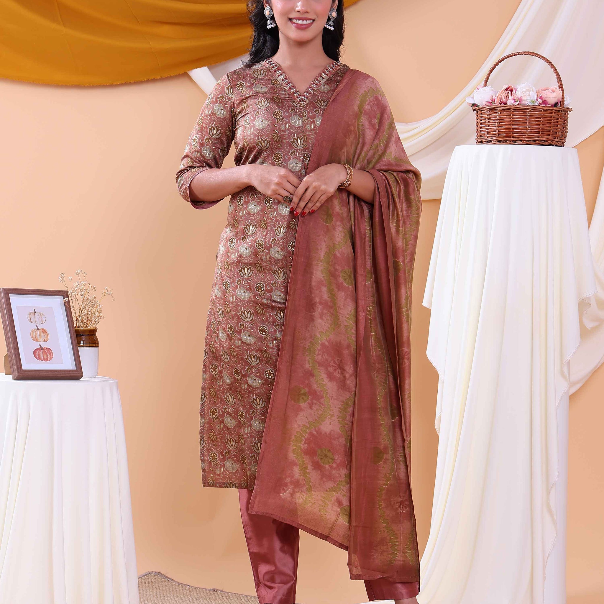 Elegant Floral Printed Women’s Salwar Set with Straight Kurta, Matching Bottom, and Dupatta- Brown