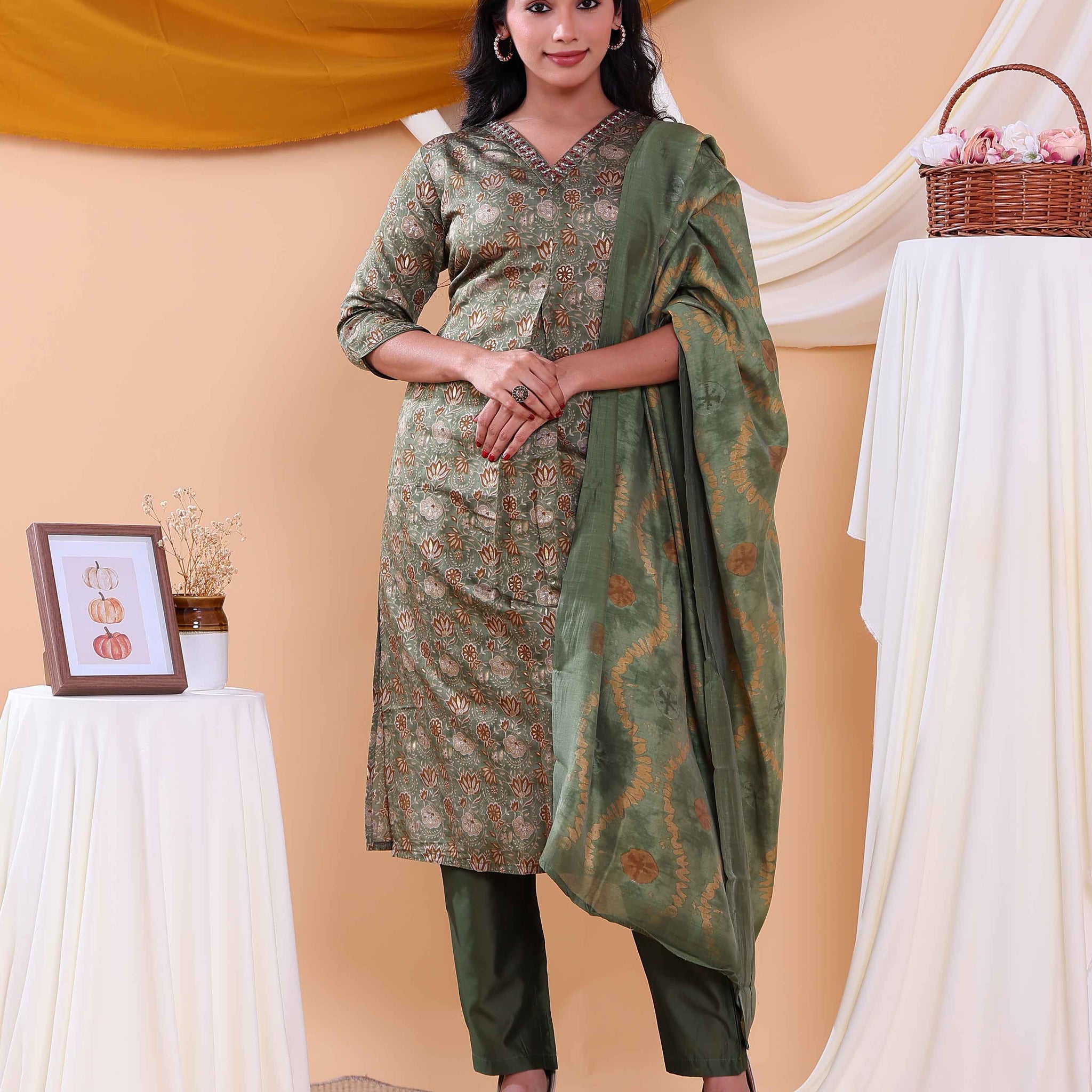 Elegant Floral Printed Women’s Salwar Set with Straight Kurta, Matching Bottom, and Dupatta- Green