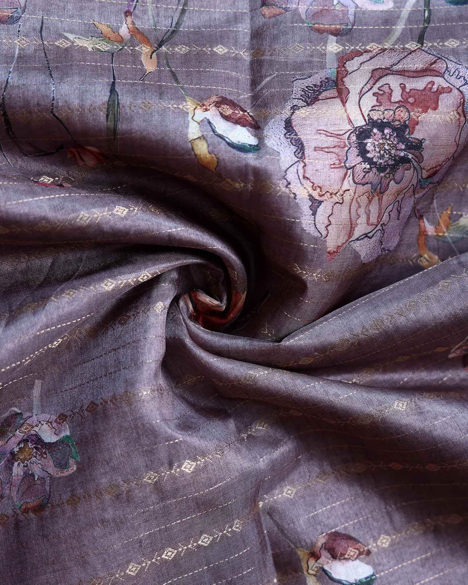 Elegant Floral Woven Dola Silk Saree with Intricate Zari Stripes and Ornate Traditional Border Design - Light Lavender-Close Up