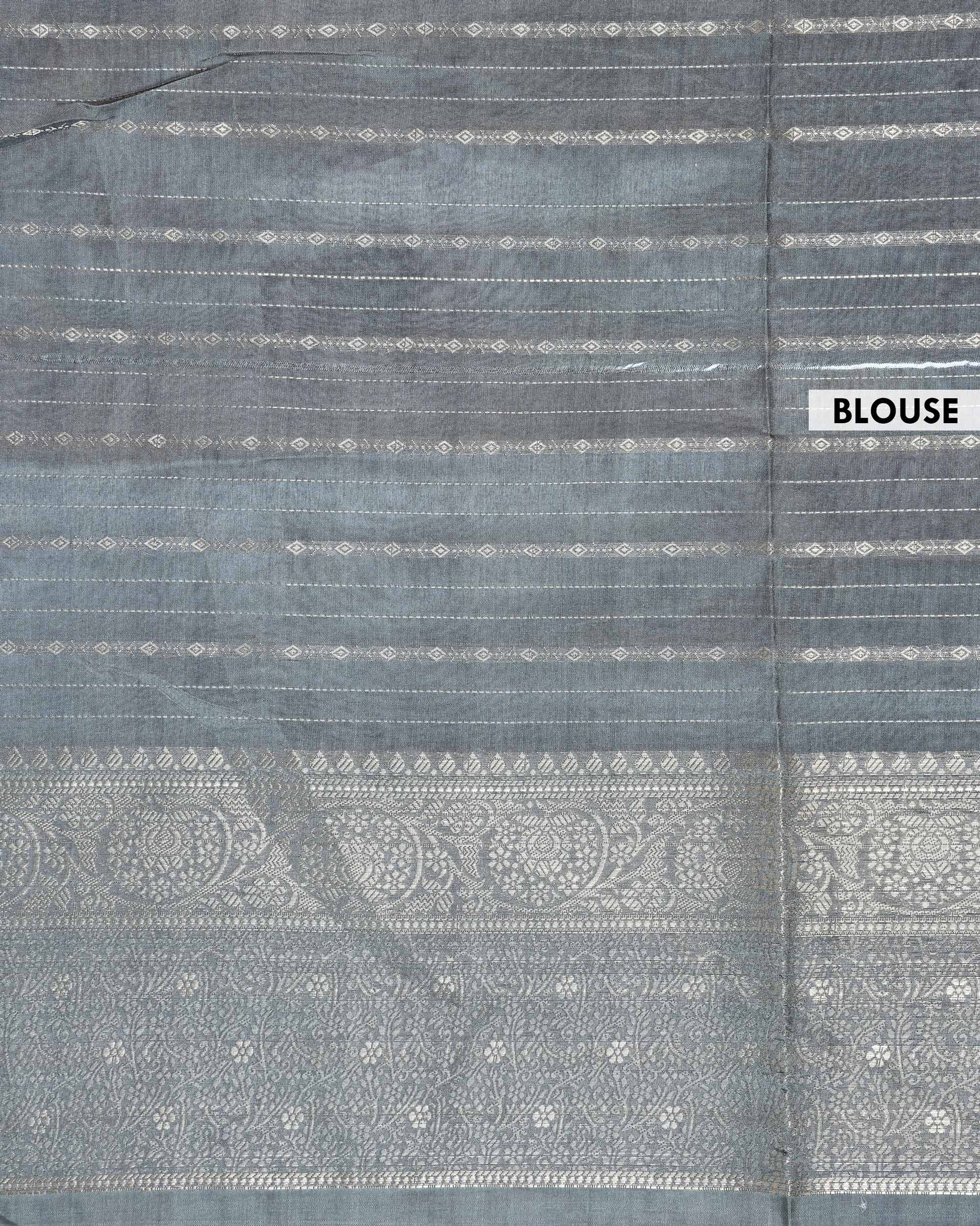 Elegant Floral Woven Dola Silk Saree with Intricate Zari Stripes and Ornate Traditional Border Design - Pastel Green-Blouse