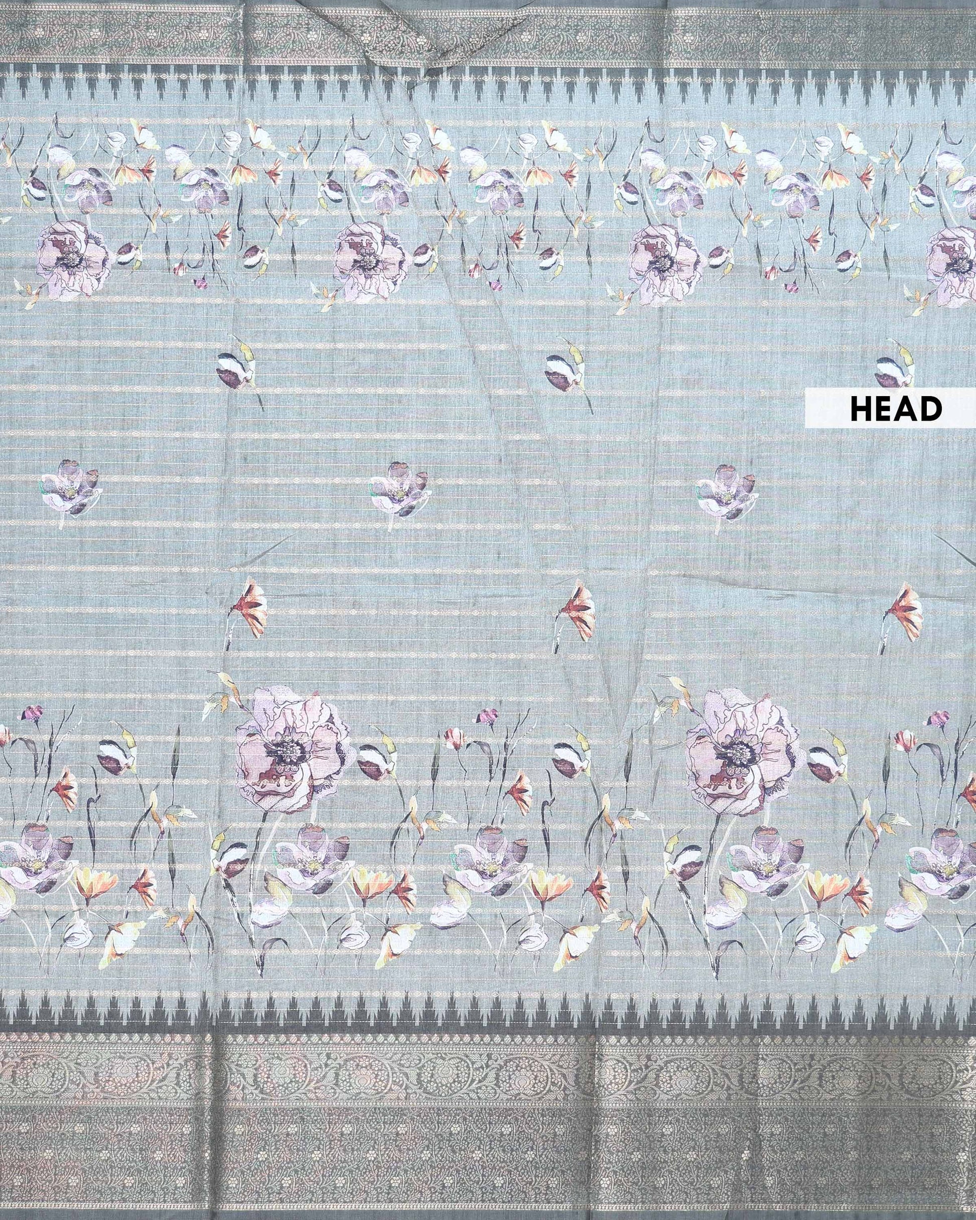 Elegant Floral Woven Dola Silk Saree with Intricate Zari Stripes and Ornate Traditional Border Design - Pastel Green-Head