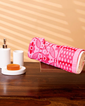 Elegant Floral and Geometric Pattern Towel - Pink and Red