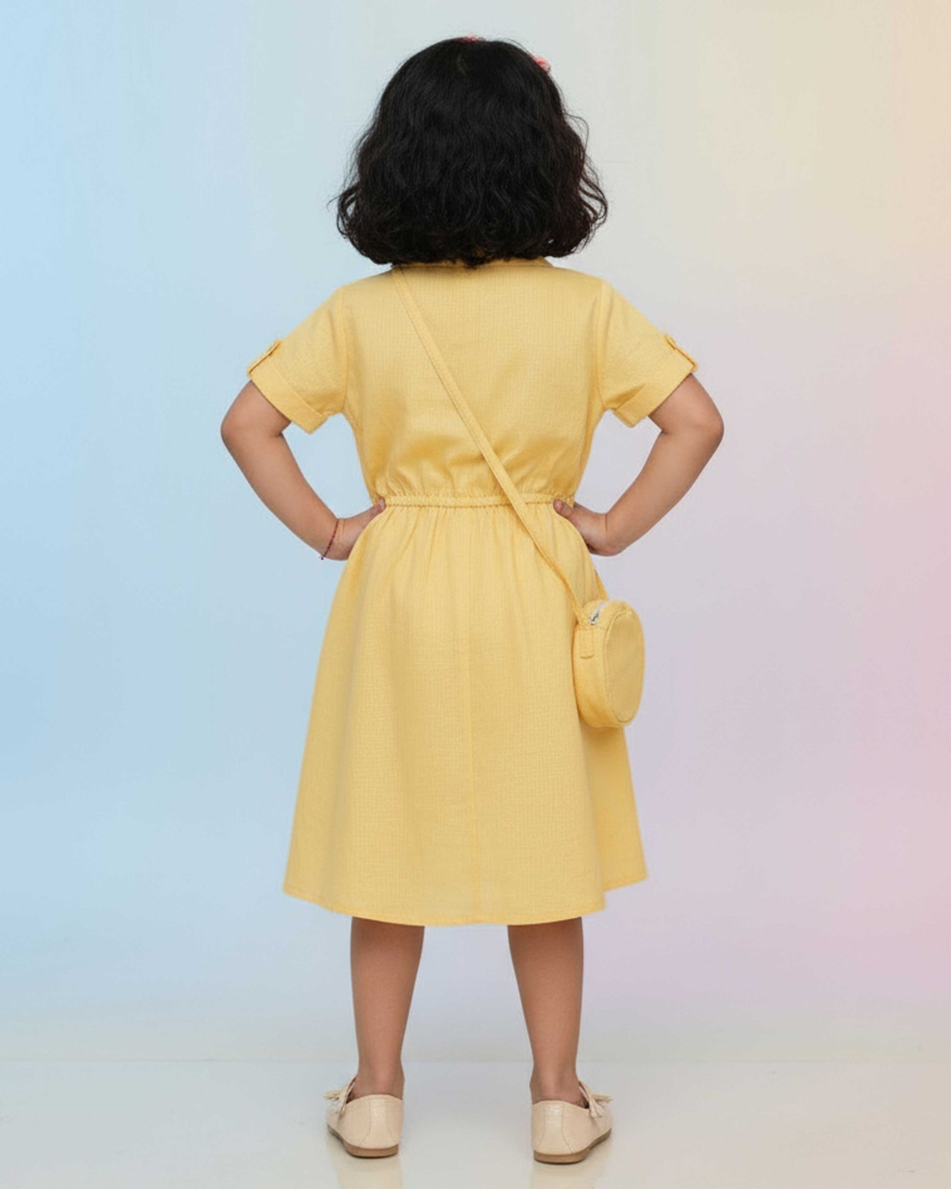 Elegant Girls' Everyday Midi Frock with Front Buttons & Elasticated Waist - Yellow-Back