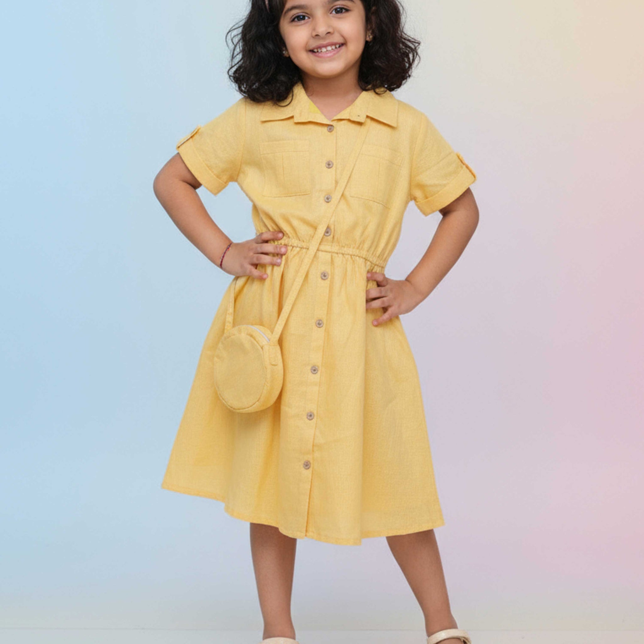 Elegant Girls' Everyday Midi Frock with Front Buttons & Elasticated Waist - Yellow