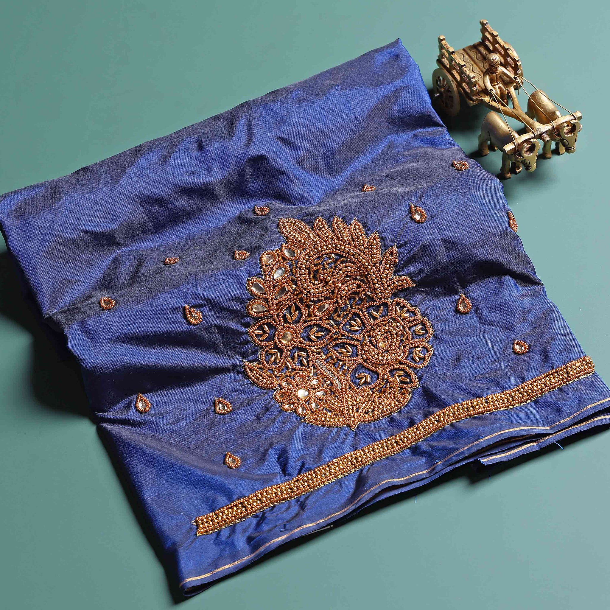 Elegant Hand-Embroidered Blouse Material with Aari Work - Blue