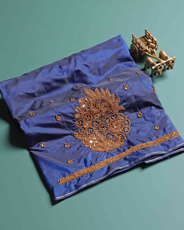 Elegant Hand-Embroidered Blouse Material with Aari Work - Blue