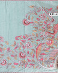 Elegant Hand-Painted Semi Tussar Silk Saree with Elephant and Floral Motifs - Aqua Blue