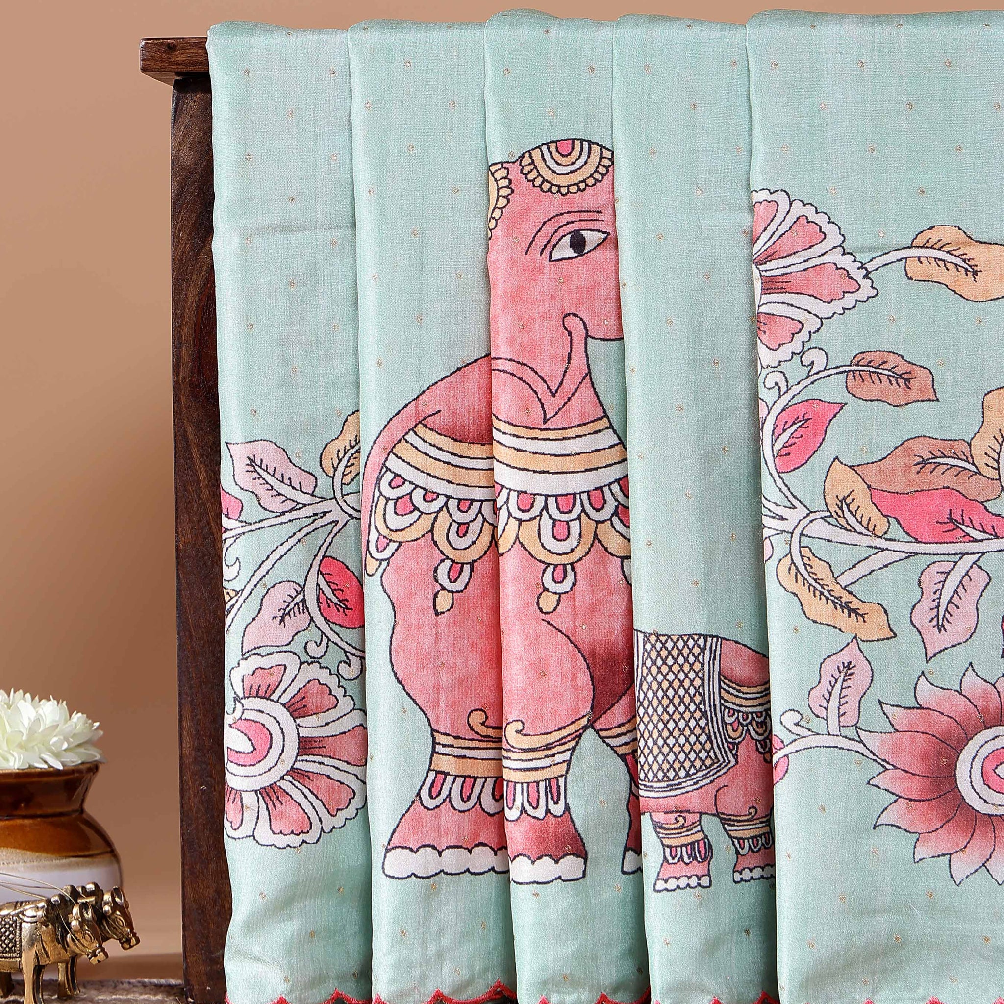 Elegant Hand-Painted Semi Tussar Silk Saree with Elephant and Floral Motifs - Aqua Blue