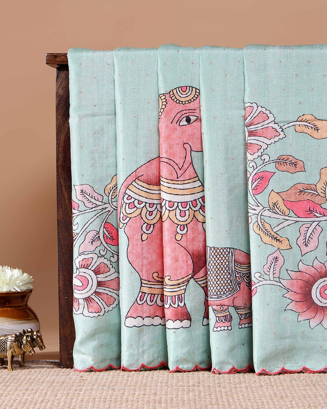 Elegant Hand-Painted Semi Tussar Silk Saree with Elephant and Floral Motifs - Aqua Blue