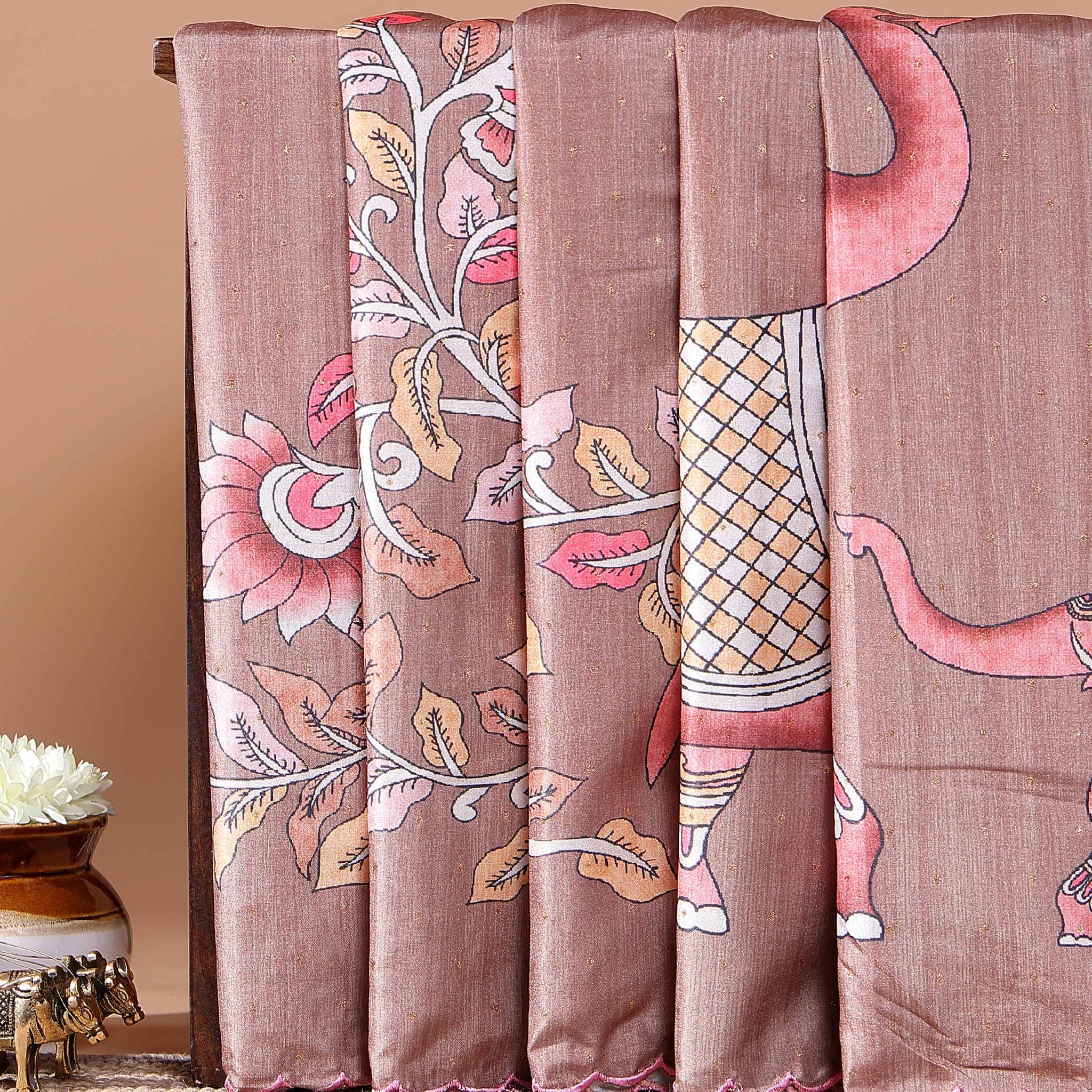 Elegant Hand-Painted Semi Tussar Silk Saree with Elephant and Floral Motifs - Brown