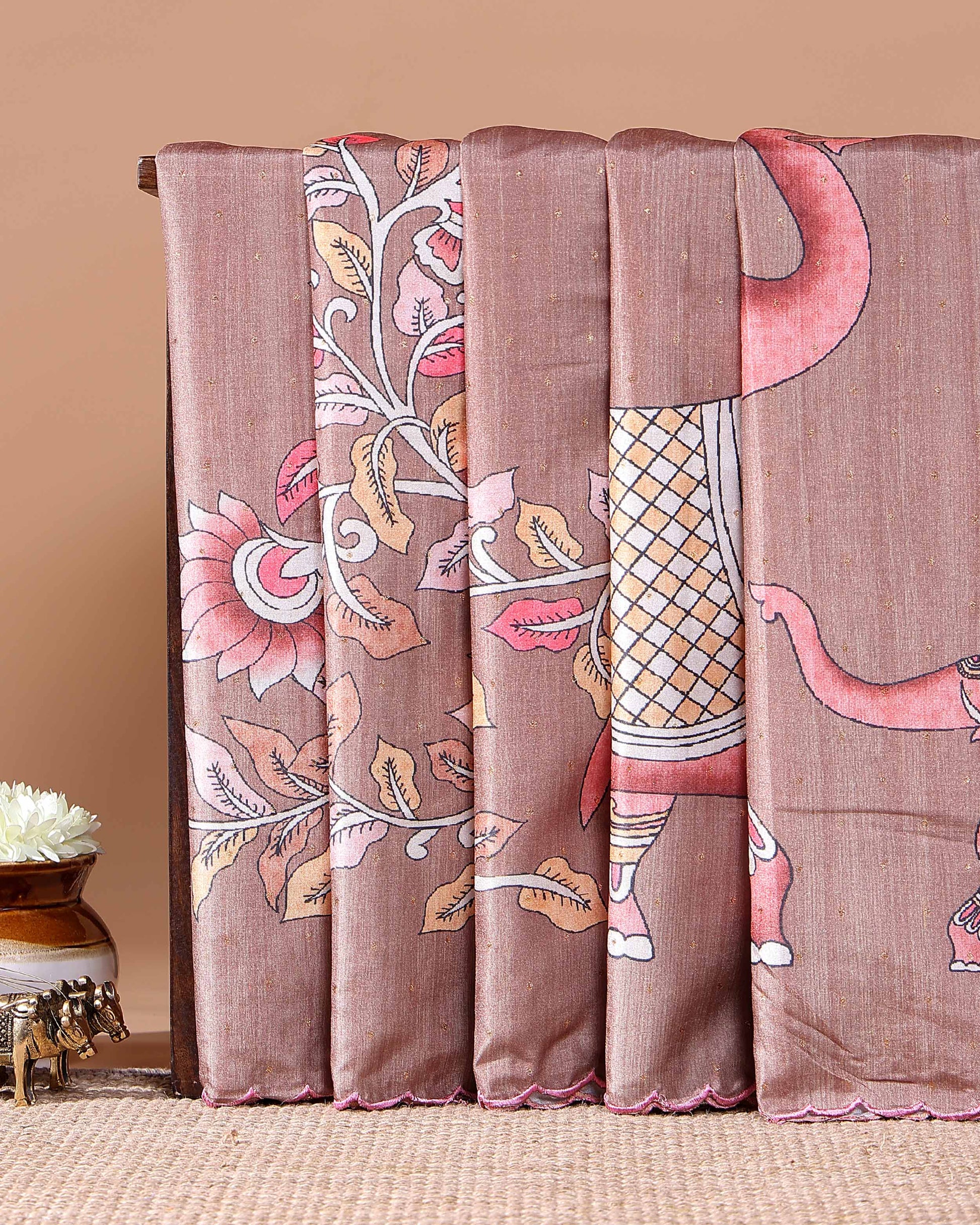 Elegant Hand-Painted Semi Tussar Silk Saree with Elephant and Floral Motifs - Brown