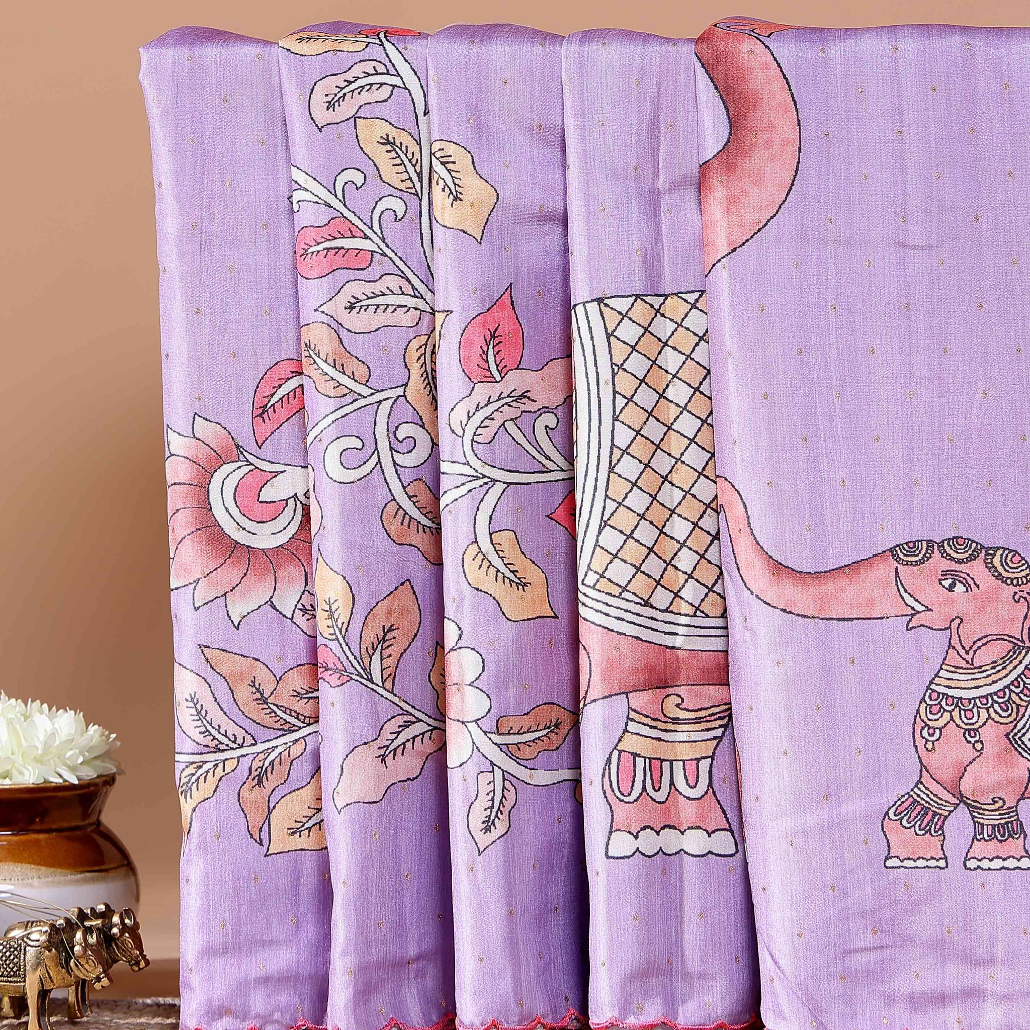 Elegant Hand-Painted Semi Tussar Silk Saree with Elephant and Floral Motifs - Lavender