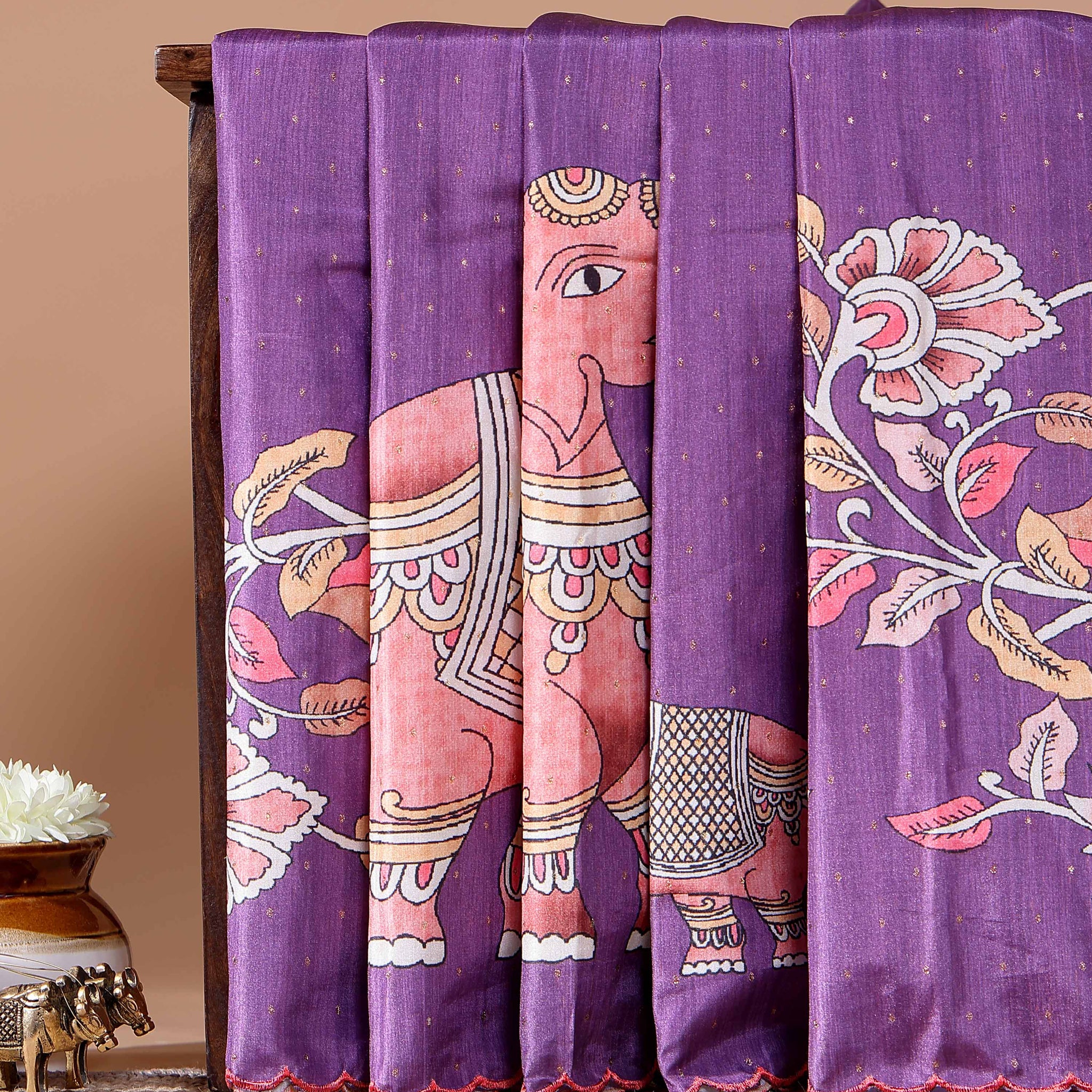 Elegant Hand-Painted Semi Tussar Silk Saree with Elephant and Floral Motifs - Purple