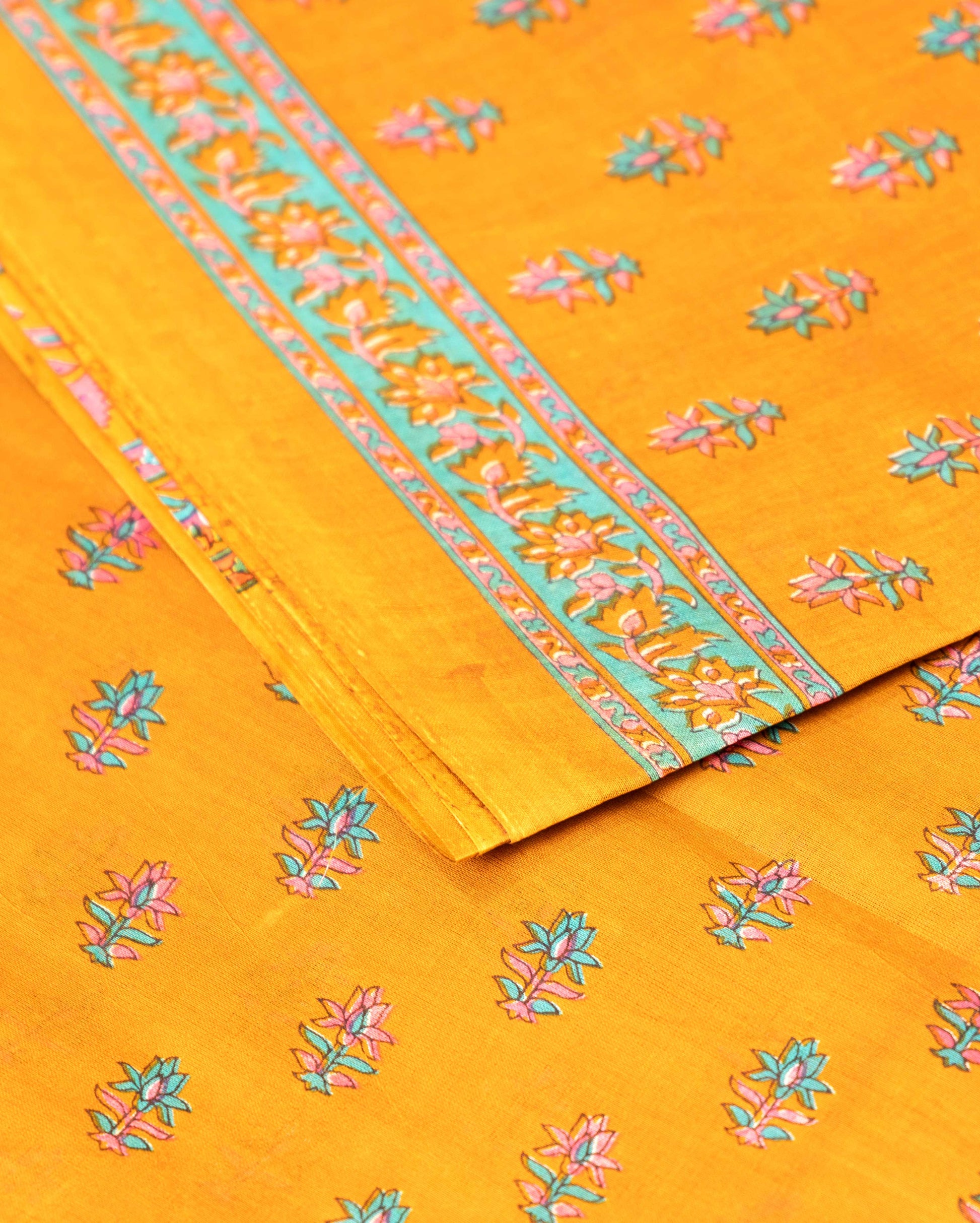 Elegant Hand Block Printed Voile Cotton Saree with Floral Motifs - Yellow