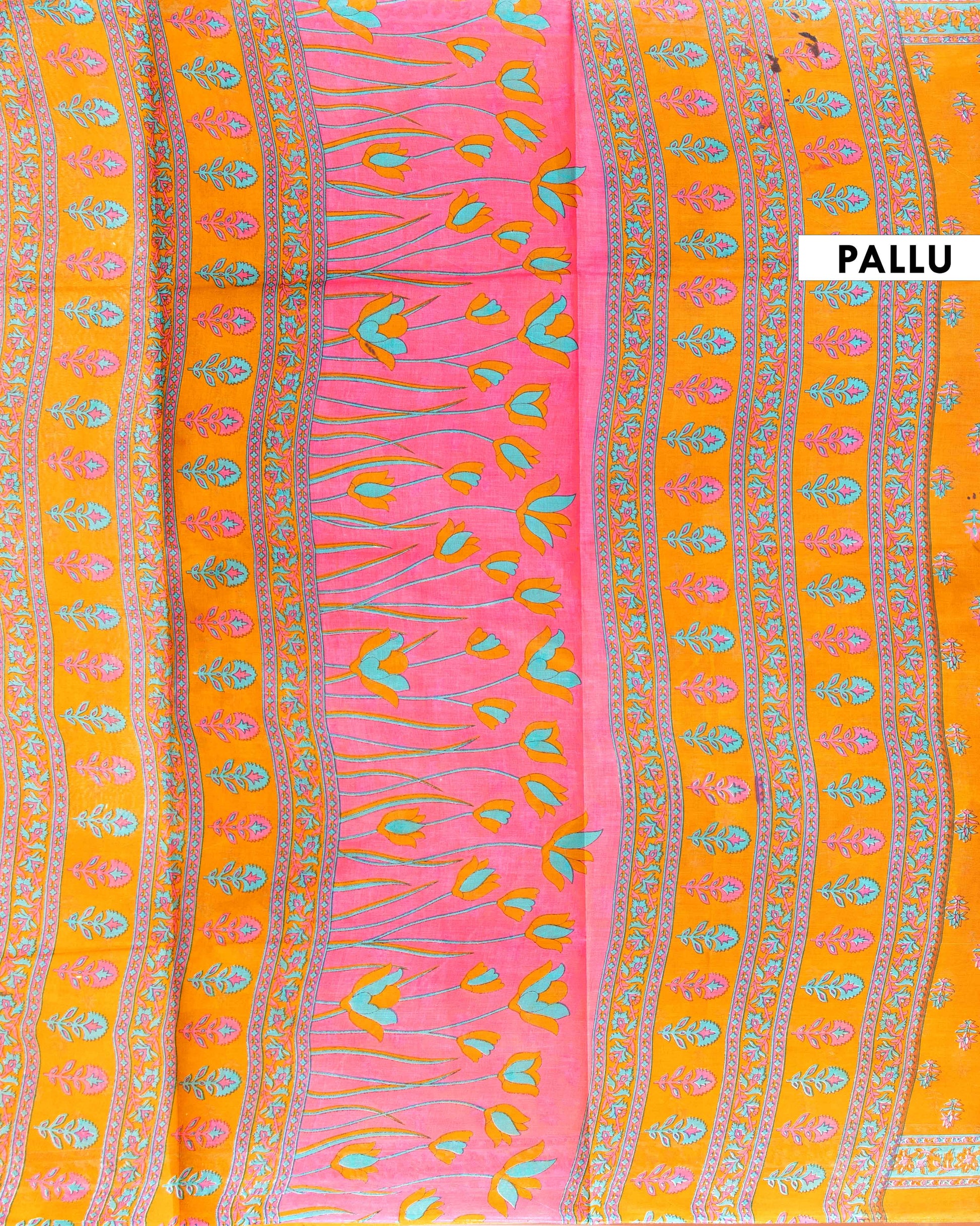 Elegant Hand Block Printed Voile Cotton Saree with Floral Motifs - Yellow