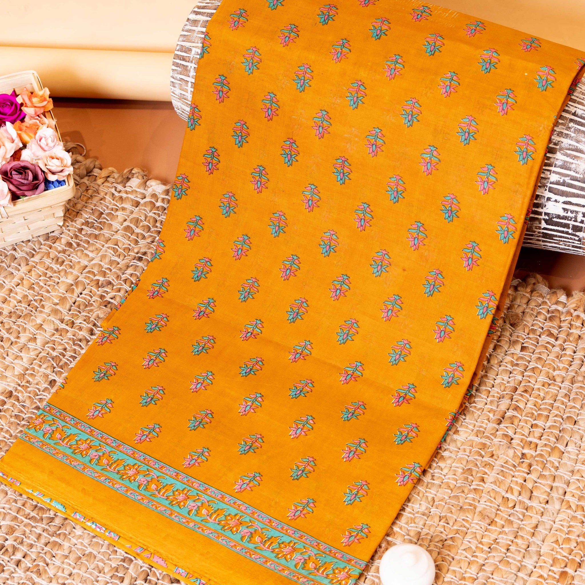 Elegant Hand Block Printed Voile Cotton Saree with Floral Motifs - Yellow