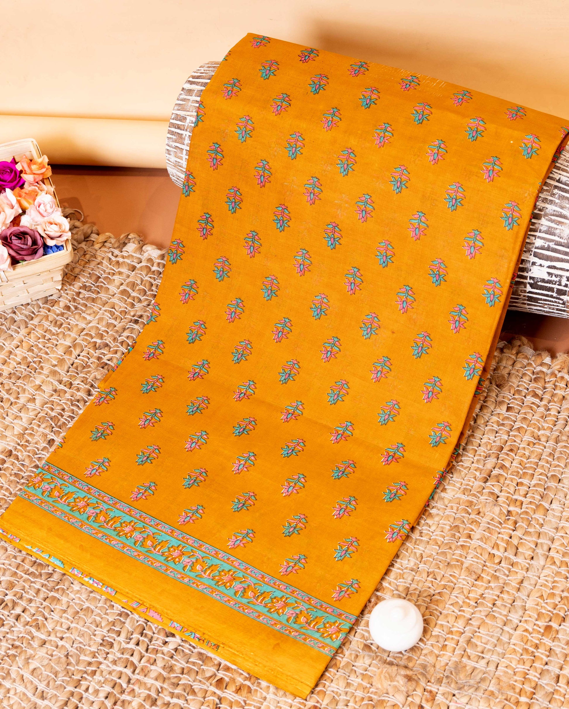 Elegant Hand Block Printed Voile Cotton Saree with Floral Motifs - Yellow
