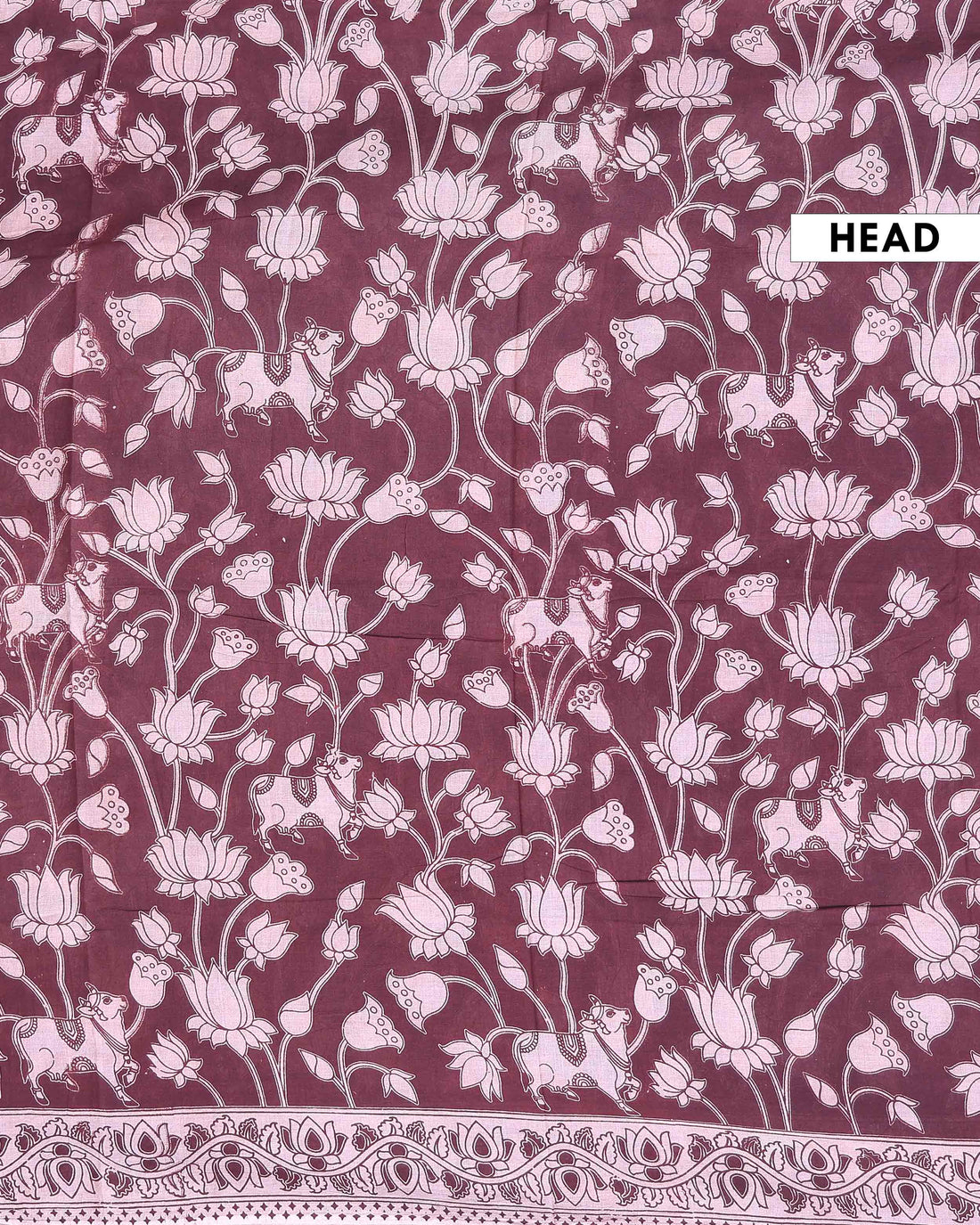 Elegant Hand Painted Kalamkari Cotton Saree with Traditional Lotus and Cow Motifs - Dark Maroon