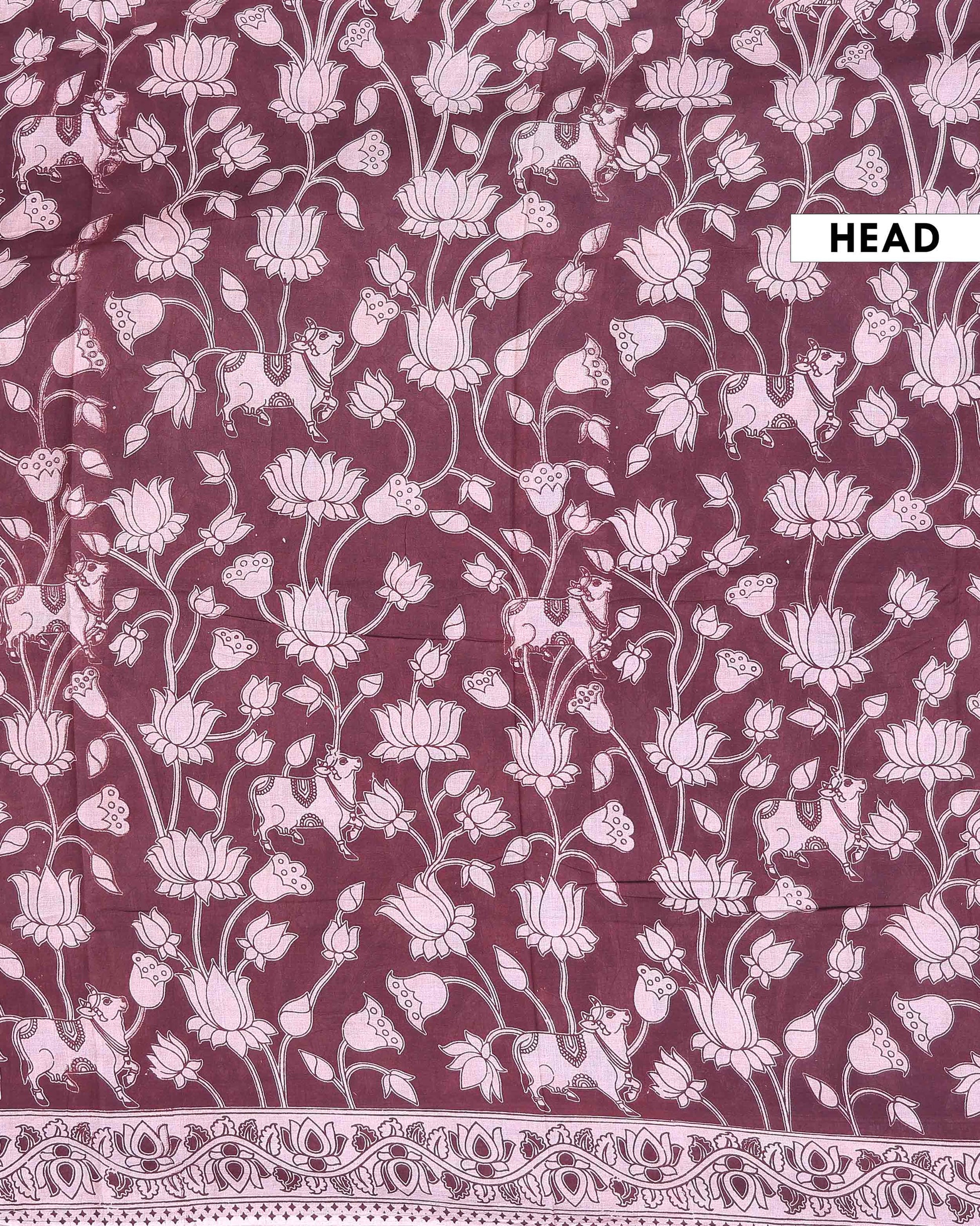 Elegant Hand Painted Kalamkari Cotton Saree with Traditional Lotus and Cow Motifs - Dark Maroon