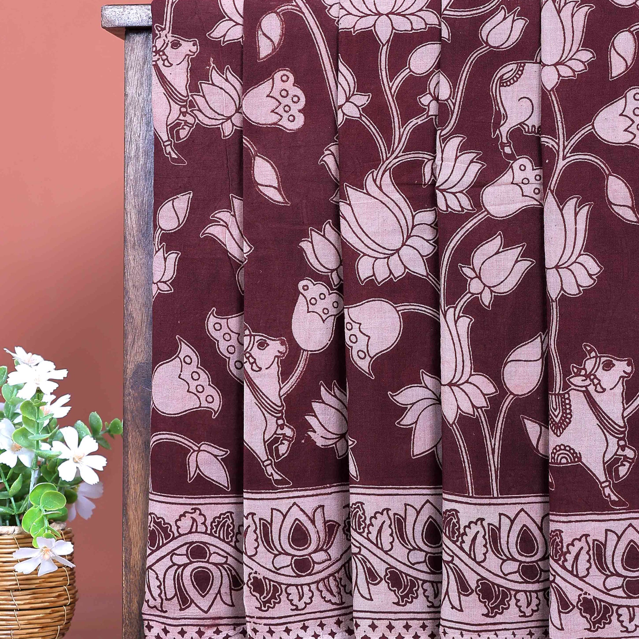 Elegant Hand Painted Kalamkari Cotton Saree with Traditional Lotus and Cow Motifs - Dark Maroon