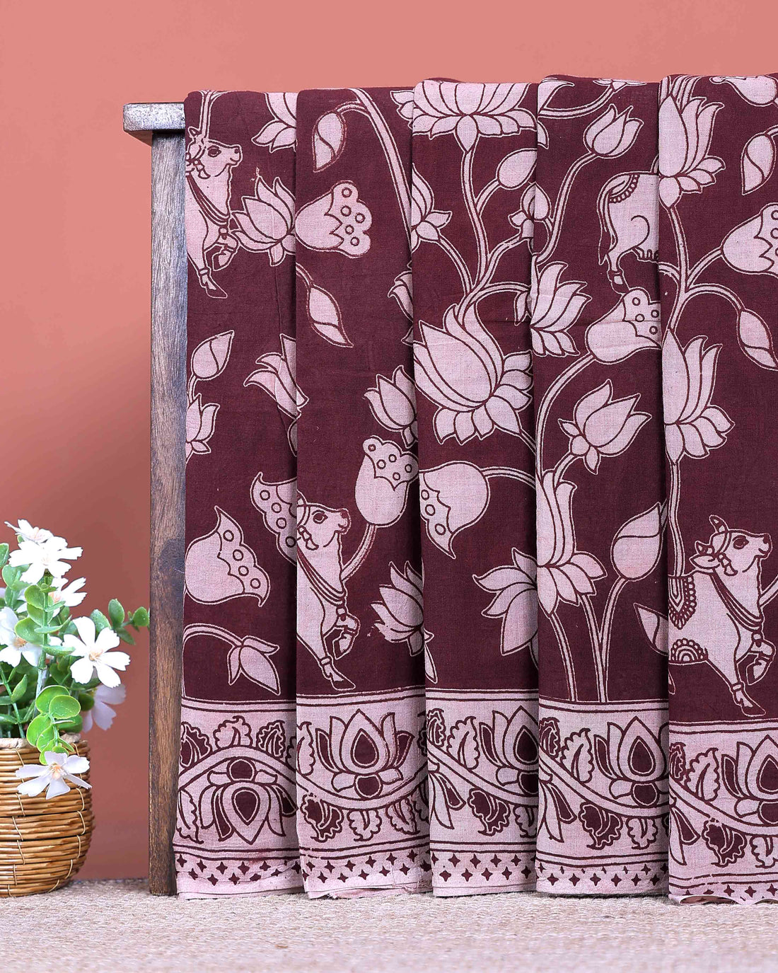 Elegant Hand Painted Kalamkari Cotton Saree with Traditional Lotus and Cow Motifs - Dark Maroon