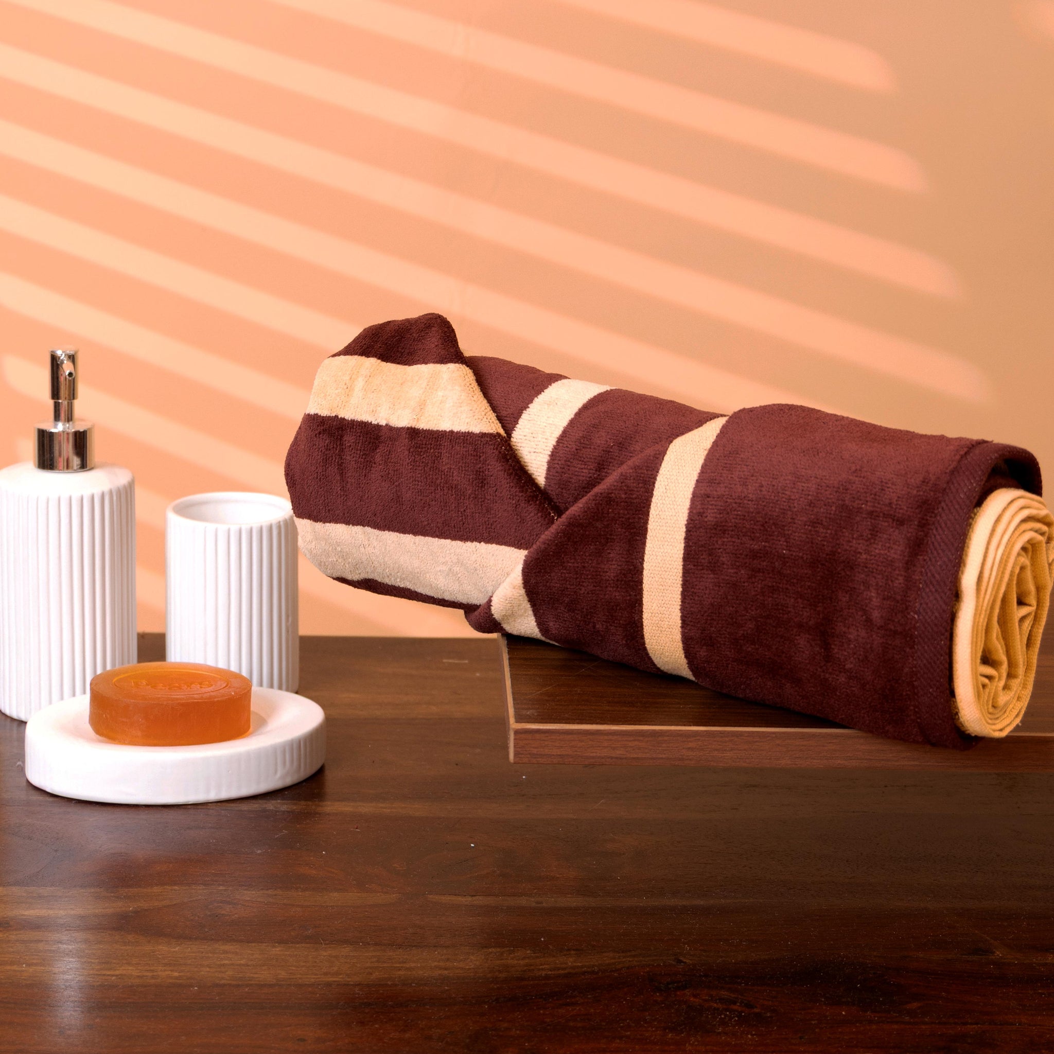 Elegant Hand knotted Striped Wool Towel - Cream and Maroon