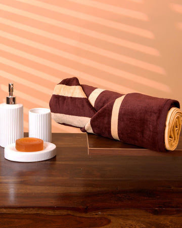 Elegant Hand knotted Striped Wool Towel - Cream and Maroon