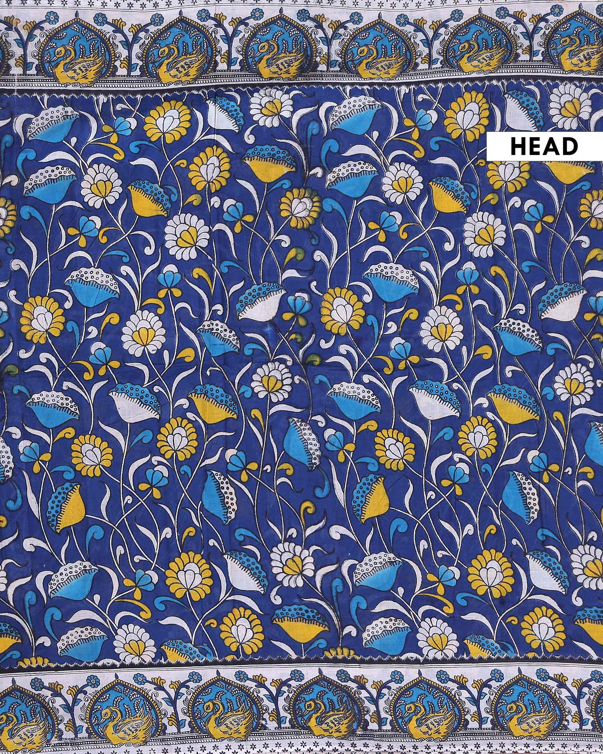 Elegant Handcrafted Cotton Kalamkari Saree with Traditional Peacock Border Design - Dark Blue