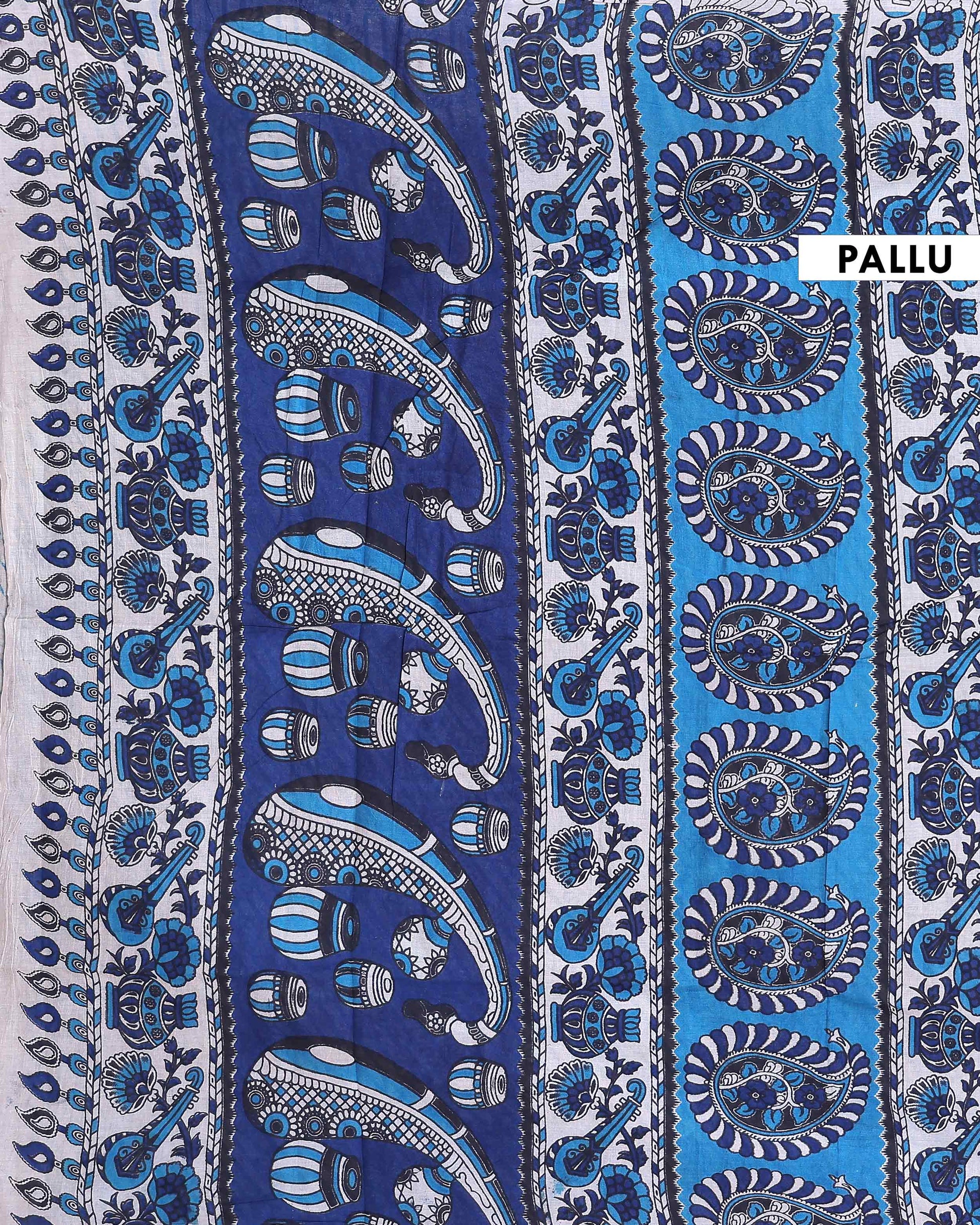 Elegant Handcrafted Cotton Kalamkari Saree with Traditional Peacock Border Design - Dark Blue
