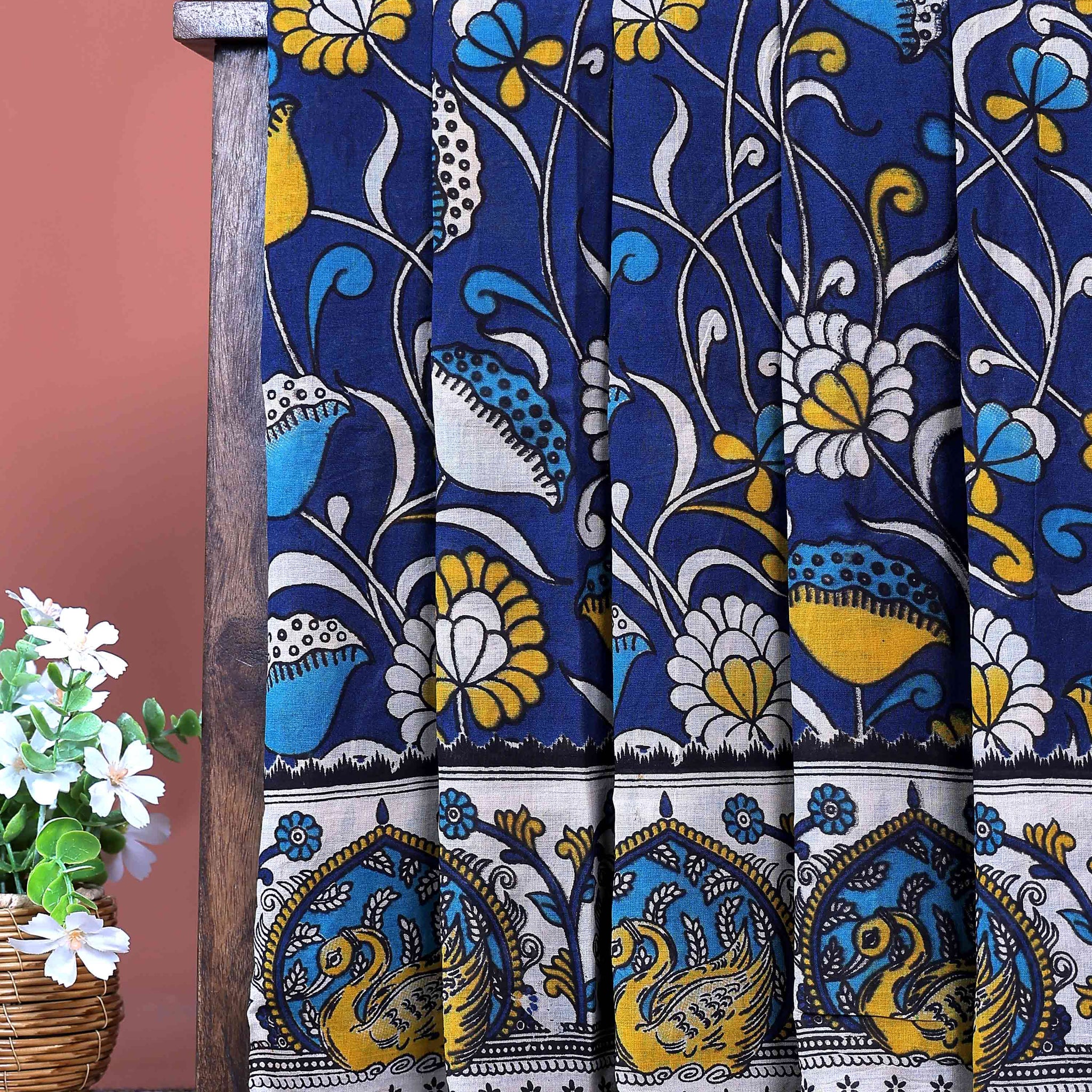 Elegant Handcrafted Cotton Kalamkari Saree with Traditional Peacock Border Design - Dark Blue