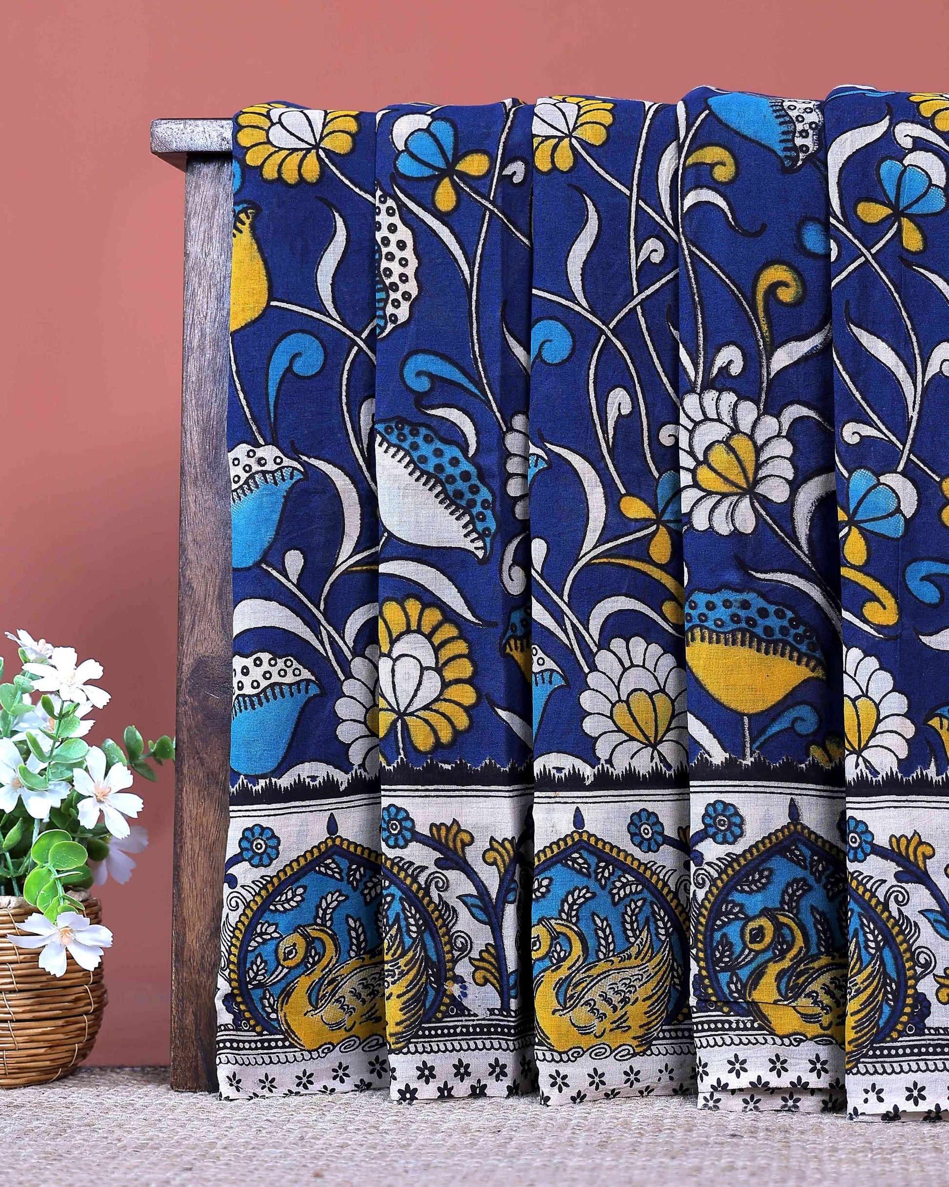 Elegant Handcrafted Cotton Kalamkari Saree with Traditional Peacock Border Design - Dark Blue