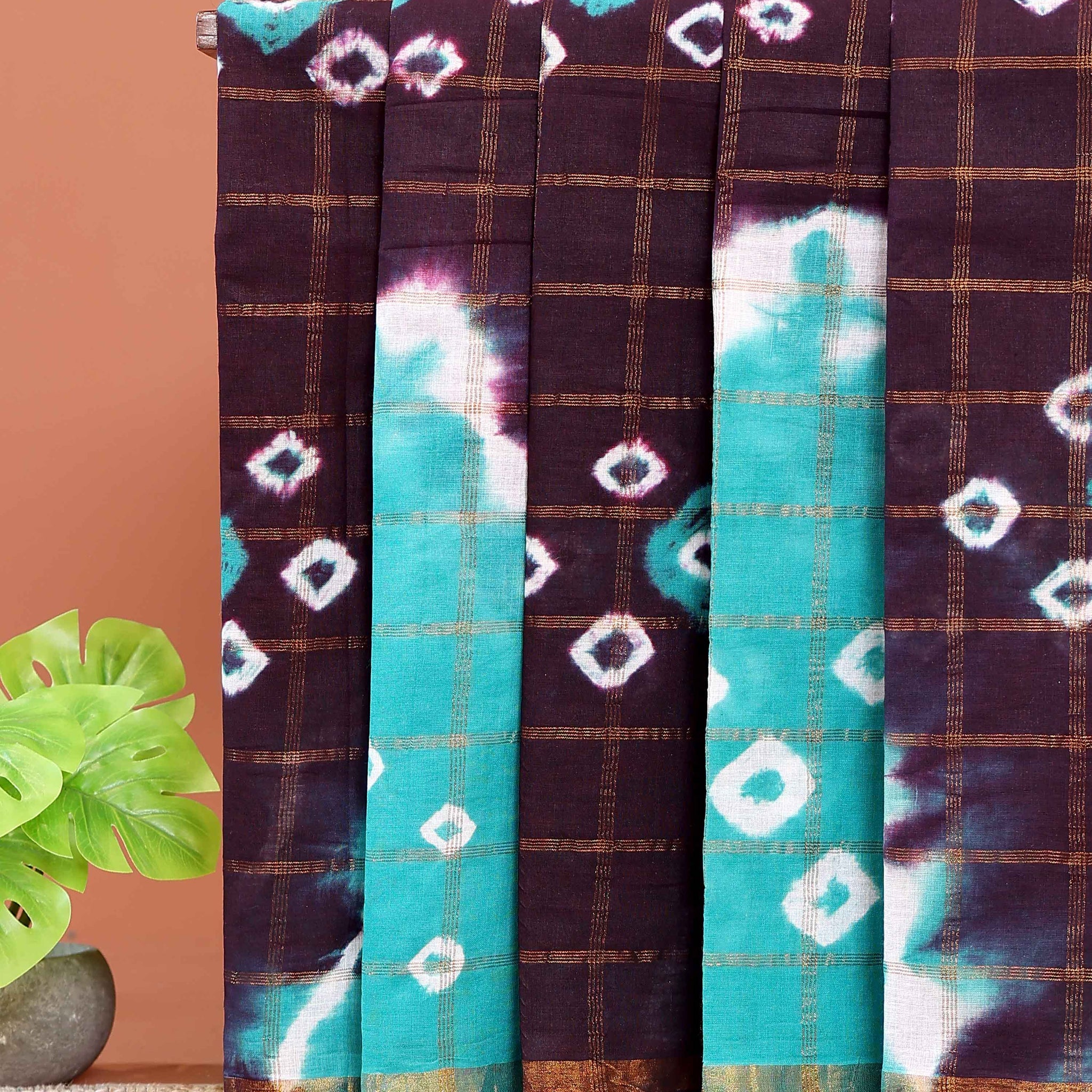 Elegant Handcrafted Sungudi Cotton Saree with Check Pattern and Bandhani Dots  - Dark Purple